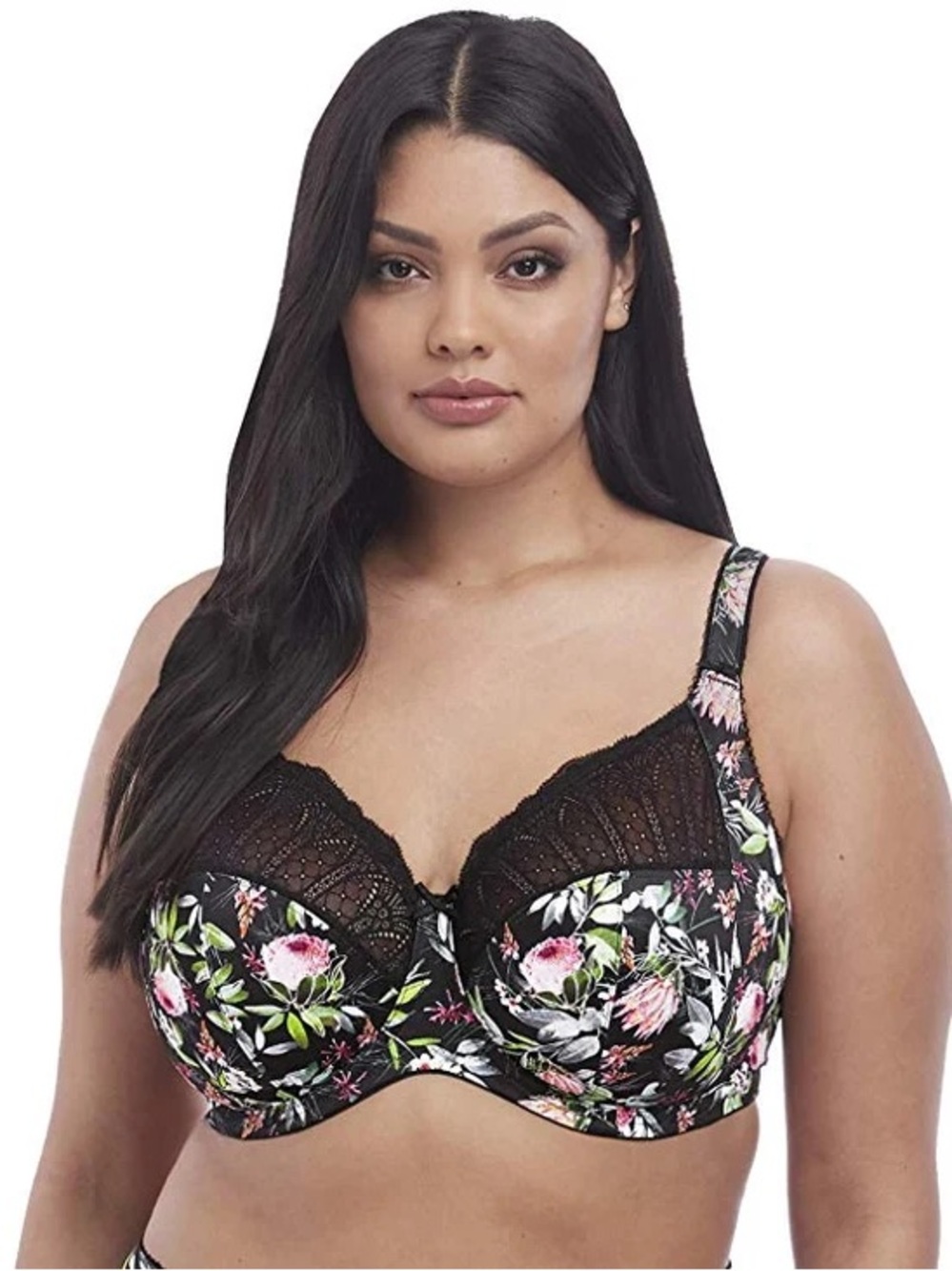 Elomi Mariella Underwire Banded Bra 36G Black Floral Print Full Figure Lingerie
